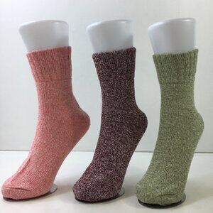 Womens Crew Socks Set 3 Solid Ribbed Knit Pink Purple Green White